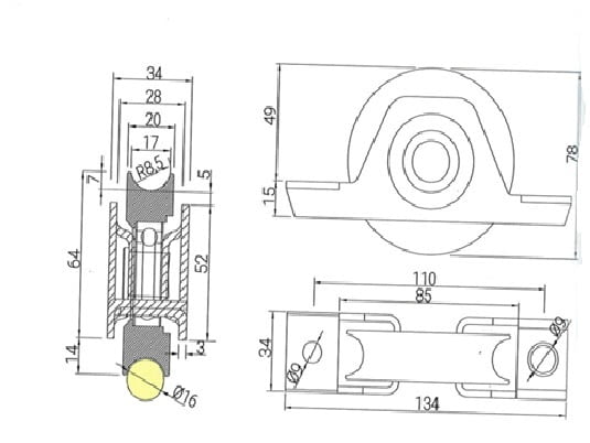 Esquema medidas rueda puerta corredera 80 mm canal 16 mm con soporte soldar